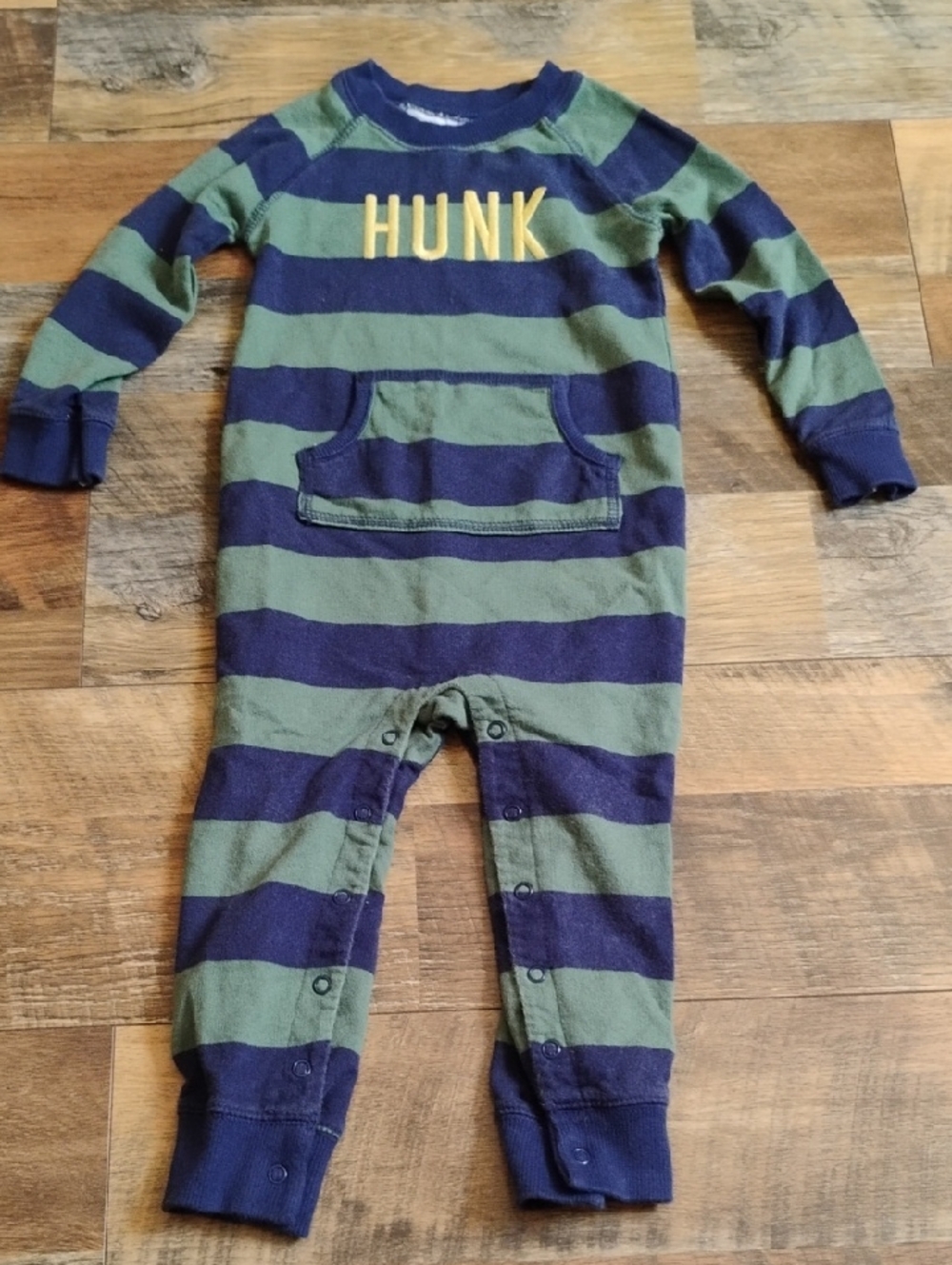 Carter's Navy & Green Striped Onesie Open Footie with Yellow 'HUNK' Applique